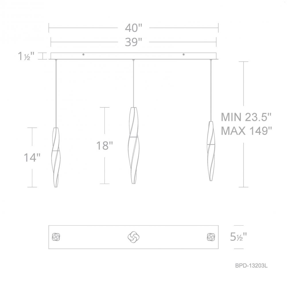 Kindjal 3 Light 120-277V Multi-Light Pendant (Linear Canopy) in Aged Brass with Clear Optic Crysta