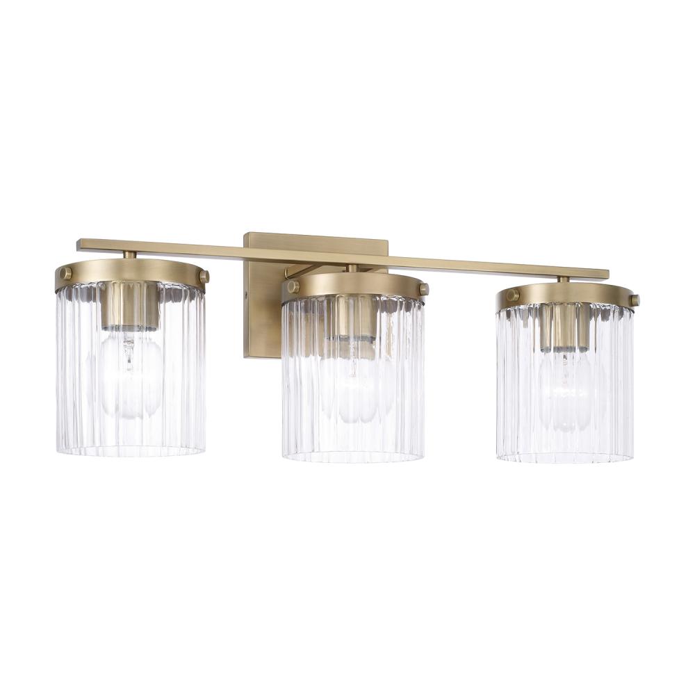 3-Light Vanity in Aged Brass with Clear Beveled Fluted Glass