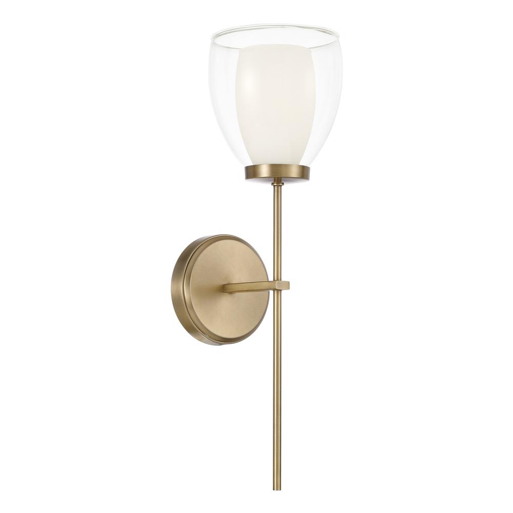 1-Light Wallchiere Sconce in Aged Brass with Layered White and Clear Glass